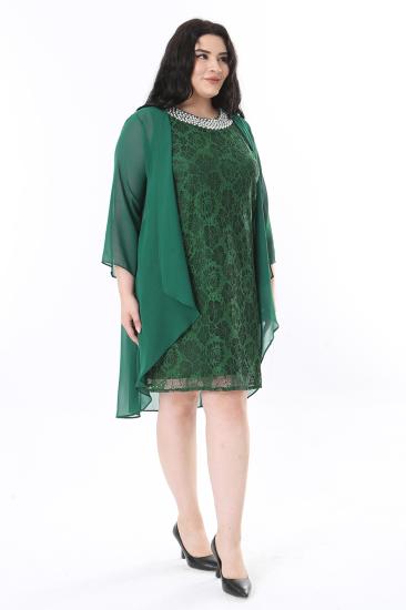 Kadın Büyük Beden İnci Yakalı Yeşil Dantel Midi Abiye Elbise