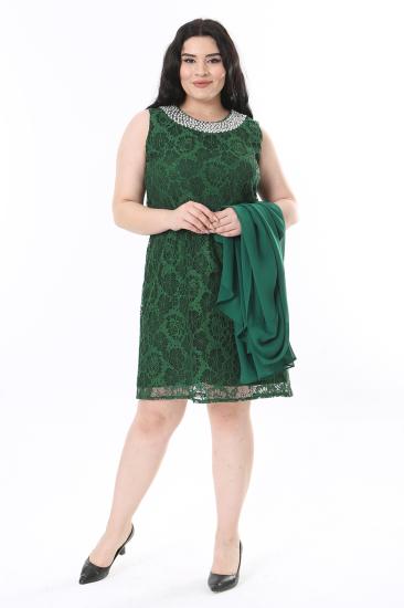 Kadın Büyük Beden İnci Yakalı Yeşil Dantel Midi Abiye Elbise